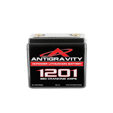 Antigravity AG-1201 lithium motorsports battery front view on white background